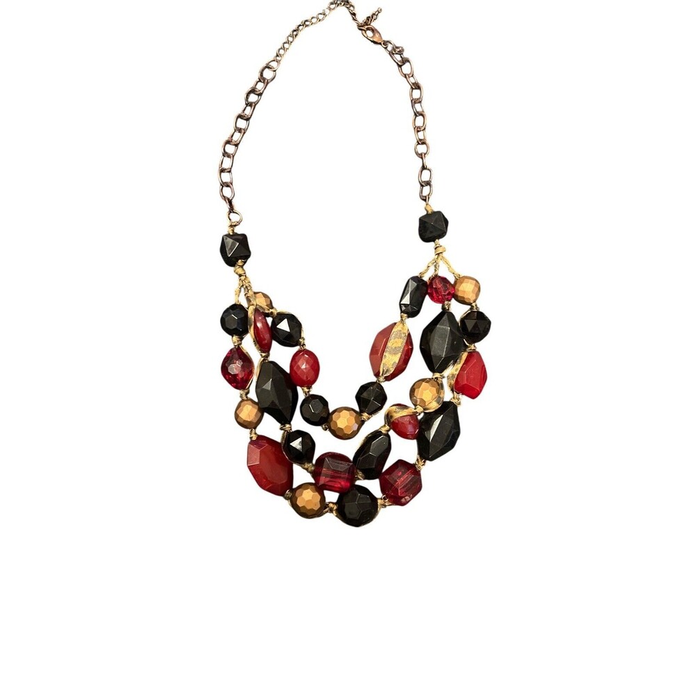 Chico’s Three Strand Black Red Gold Bead Cheetah‎ Print Ribbon Necklace 24” Long